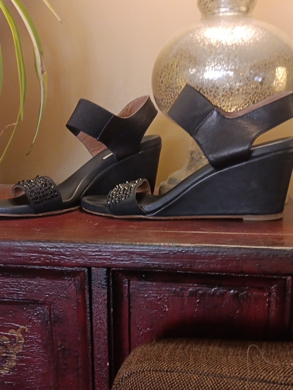 Black Studded Wedge Sandals with Elastic Ankle Strap